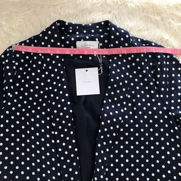 L’ACADEMIE Carter Linen Blazer Open Front Navy Blue White Polka Dot Medium New - Picture 12 of 16